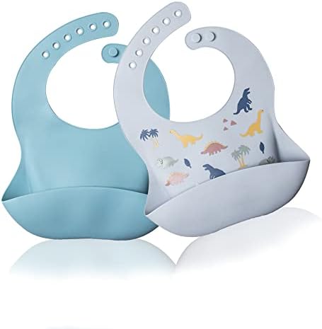 ILEYLUY Silicone Baby Bibs for Babies & Toddlers Set of 2, Feeding Bibs Unisex Soft Adjustable Waterproof BPA Free(Dusty blue,Dinosaur)