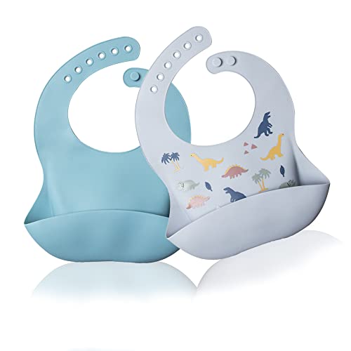 Ileyluy Silicone Baby Bibs For Babies & Toddlers Set Of 2, Feeding Bibs Unisex Soft Adjustable Waterproof Bpa Free(Dusty Blue,Dinosaur) #TOP1