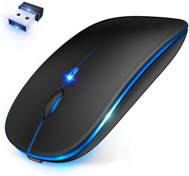 Mouse, Wireless Bluetooth 5.0, Wireless Mouse, Quiet, Instant Connection, Easy to Grip, 3-Stage DPI Switching, Type-c Rechargeable, Power Saving, 2.4 GHz, Optical, 7 Color Lights, Left and Right