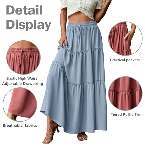 Image of Lepunuo Womens Casual Boho High Waisted Flowy Maxi Skirts Tiered Floral Long Skirts with Pockets for Summer Beach Vacation