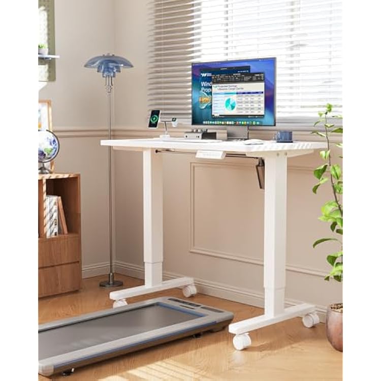 HUANUO Electric Small Standing Desk, 35 x 24 Whole Piece Desktop, Adjustable Height Computer Desk, 4 Height Memory Settings, Sit Stand Up Desk for Home Office, White