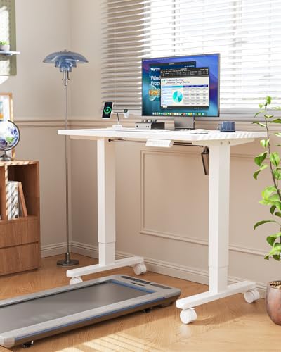 Image of HUANUO Electric Small Standing Desk, Whole Piece Desktop, Adjustable Height Computer Desk, 4 Height Memory Settings, Sit Stand Up Desk for Home Office, 35 inch x 20 inch, White