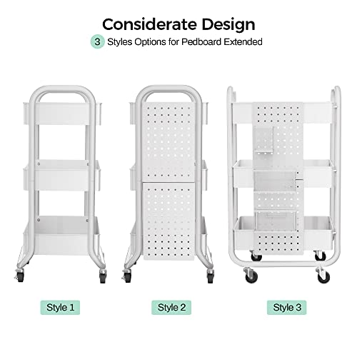 DESIGNA 3-Tier Rolling Cart, Utility Cart with Handle, Extra 3 Storage Accessories, Removable Pegboard, Easy Assembly Craft Carts for Kitchen, Bathroom, Office, Metal, White
