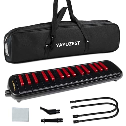 YAYUZEST 32 Keys Melodica Instrument, Soprano Melodica Air Piano Keyboard Pianica with 2 Soft Long Tubes, 2 Short Mouthpieces and Carrying Bag (Black+Red)