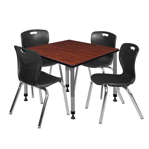 Romig Trek 42 in. Square Adjustable Classroom Table- Cherry & 4 Andy 18 in. Stack Chairs- Black & Grey Base