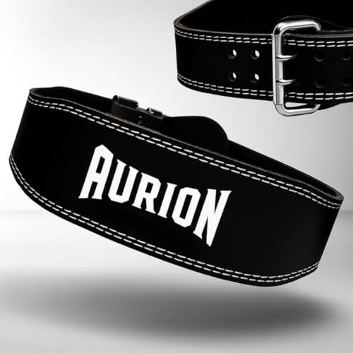 Aurion 4mm Gym Belt for Weight Lifting, Durable Genuine Leather Gym Belt with EVA Foam Padding, Strong Double Pronged Steel Buckle, Optimal Back & Core Support, Black, S-M (28 to 36-inch waist)
