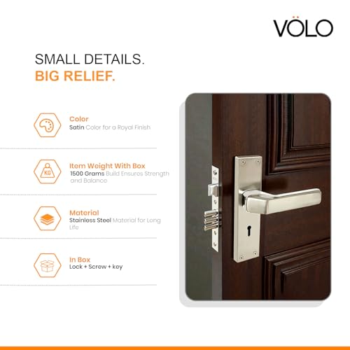 Image of VOLO Stainless Steel Mortise Lock | 8 Inch Lock Body | Main Door Handle Set with Keys | Wooden Door Lockset | Hotel Office Home Door Lock | 3 Keys | 10 Year Lock Body Warranty (Silver | KY | 6007)