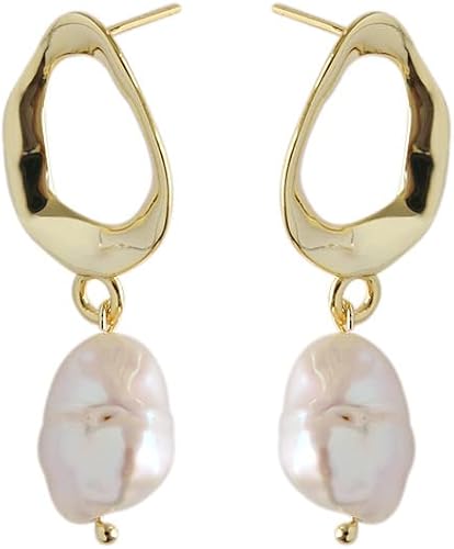 Simple Irregular Pearl Earrings in 14K Gold, Natural Baroque Pearl Dangle Earrings, Wonderful Gift for Her (Yellow Gold, 14K)