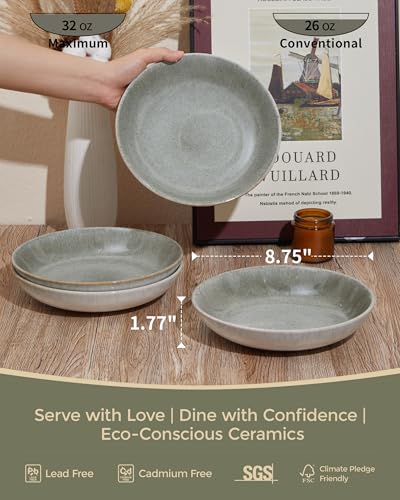 Image of Pokini 16 Piece Double Bowl Dinnerware Sets, Stain Resistant Dish Set with Pasta Bowls, Easy Cleaning Dishes, Multi-Functional Plate and Bowl, Stack Compactly Plate Set, Service for 4
