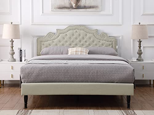 Queen Upholstered Platform Bed Frame With 47" Tall Adjustable Headboard - Button Tufted Linen Bed - Wood Slat Support With Storage Space - No Box Spring Needed - Beige - Oliver & Smith - Elizabeth #TOP6