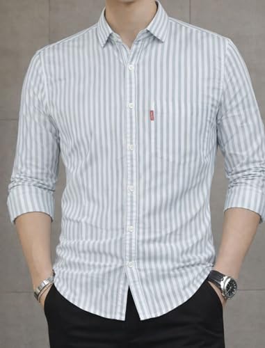 Image of MILDIN Men's Pure Cotton Striped Printed Shirt with Spread Collared Neck Full Sleeve Curved Hemline Button Closure and Regular Fit | Shirt for Man
