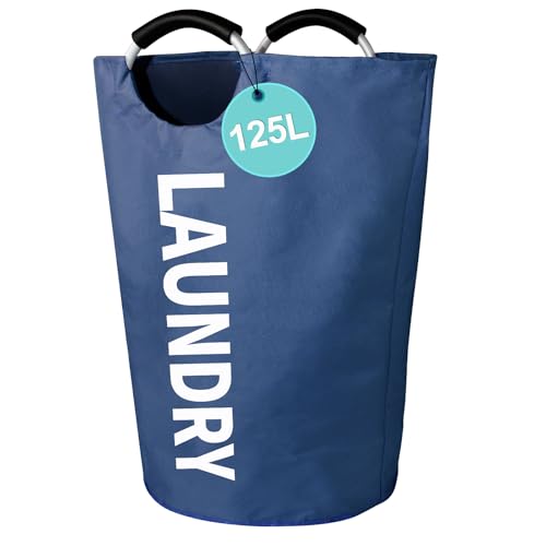 Image of WOOHA 125L Large laundry basket,Collapsible laundry hamper, Tall Clothes Baskets Folding Washing Bin Foldable Fabric Hamper Bags for Bedroom, Closet,Bathroom,College,laundry bag,navy blue