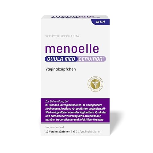 menoelle® OVULA med CERVIRON: Vaginalzäpfchen bei bakterieller Infektion & Pilz. Entzündung u. Scheidentrockenheit. Lindert Ausfluss, Brennen, Juckreiz, Geruch & Schmerzen beim Wasserlassen. 10 Stück.