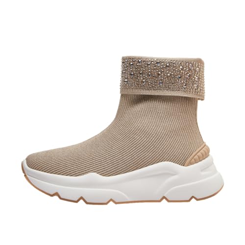 Baskets Zoe Emanuélle Vee pour femme en tissu chaussette beige avec strass