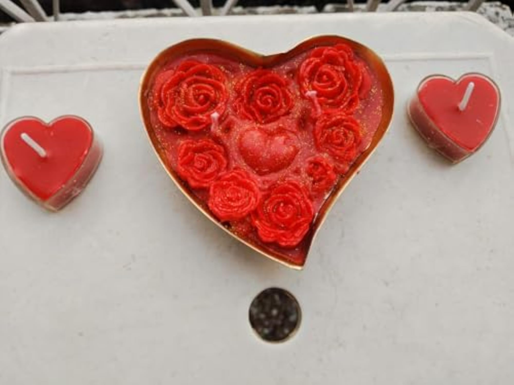 Heart Shaped Urli Candle Set with Red Roses, Gift for Her