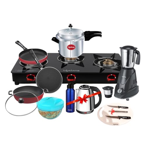 Lifelong Glass Kitchen Set, 3 - Burner Gas Stove, Cookware Set, M...