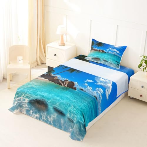 Image of jejeloiu Ocean Beach Bed Sheets Sets Twin Size Kids Boys Girls Blue Sky Sea Bedding Set Tropical Palm Trees Bed Sheet Set with 16-Inch Deep Pockets 3Pcs with 1 Pillow Cases