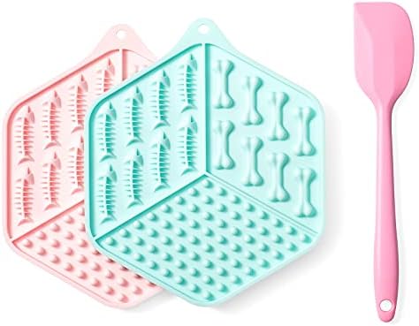 Caflower Lick Mat for Dogs ,Cats Lick Mat with Strong Suction Cups,Food Grade Silicone Mat with Spatula，Dog Lick Mat Reduce Dog&Cats Anxiety and Boredom (Pink and Green,Hexagonal)