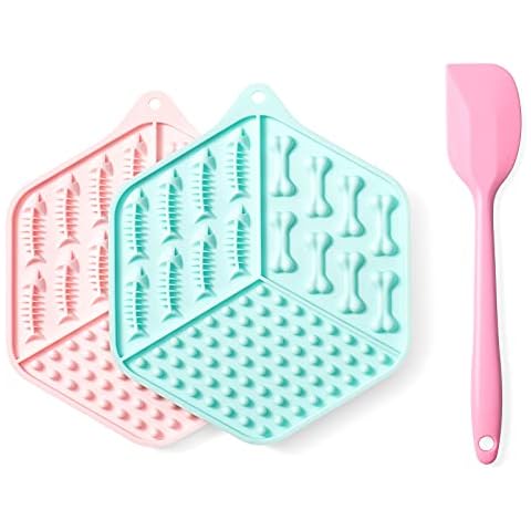 Caflower Lick Mat for Dogs,Cats Lick Mat with Strong Suction Cups,Food Grade Silicone Mat with Spatula，Dog Lick Mat Reduce Dog&Cats Anxiety and Boredom (Pink and Green,Hexagonal) Cover