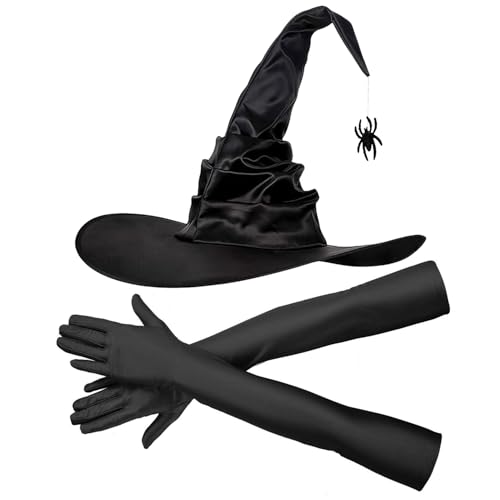 SHIFANQI Halloween Hexenhut und lange Handschuhe im Set Faltbarer Hexenhut mit Spinnenanhänger & 45 cm langen Stretchhandschuhen Kostümzubehör für Karneval Party Theater und Barveranstaltungen