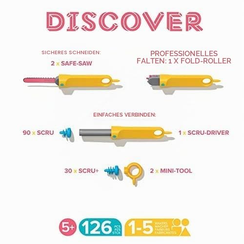 Makedo Discover | Werkzeugkasten aus recycelter Pappe im kleinen Werkzeugkasten (126 Teile) | STEM- und STEAM-Lernspielzeug für Zuhause und Schule