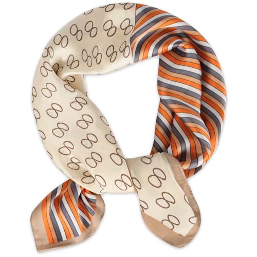 EXTREE Fashion Silky Satin Headscarf for Women Girls: Exquisite Pattern Lightweight Silk Graceful Scarfs 27.5 x 27.5 inches Apricot Pink With Light Brown Edges