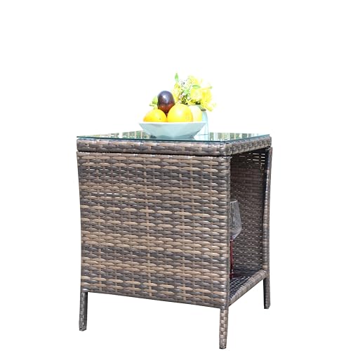 Rpuzonier Wicker Rattan Side Table, Outdoor Square Rattan Coffee End Table with Tempered Glass Top and Storage for Patio Porch Lawn (B-Brown) - Image 5
