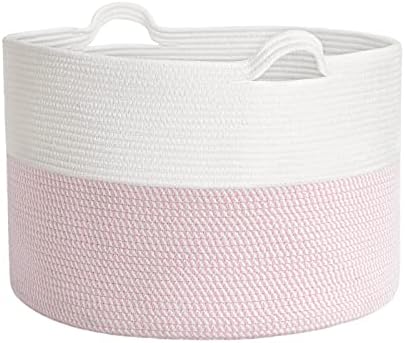 INDRESSME XXXLarge Storage Basket with Handle, Pink Laundry Basket for Nursery Storage Stuffed Animal Storage, Baby Basket Kids Toy Storage Organizer, 21.7" x 21.7" x 13.8", Pink