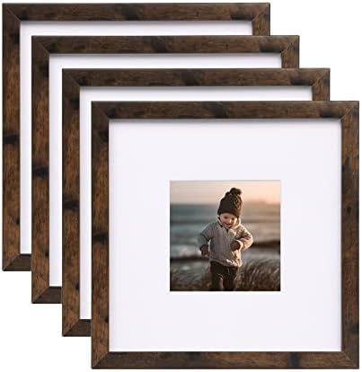 KINLINK 8x8 Picture Frames Rustic Brown, Square Photo Frames with Real Glass, Composite Wood Picture Frames for Tabletop and Wall Mounting Display, Set of 4