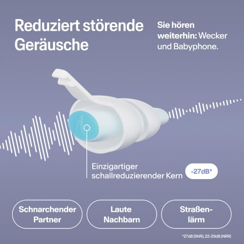 Alpine SleepDeep Ohrstöpsel zum Schlafen – Seitenschläfer & Schnarchen – ultraweiche geräuschreduzierende Ohrstöpsel – 27 dB SNR – hypoallergen, siliconfrei - Größe S