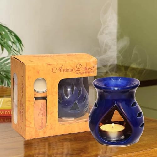 Image of Pure Source India Ceramic Aroma Oil Diffuser Gift Set with 10ML Relaxing Oil & Tealight Candles | 97 Burner for Home Fragrance & Relaxation | Ideal for Gifting & Home Decor (Navy Blue)