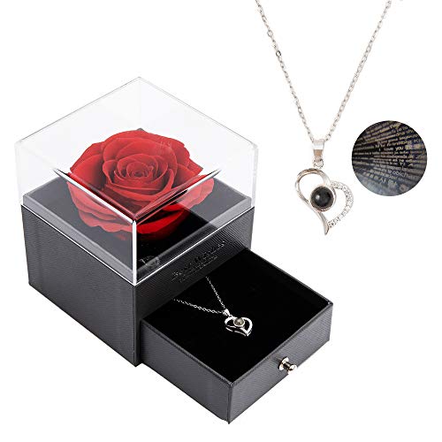 HYINDOOR Eternal Rose with 100 Languages Love Necklace, Eternal Flower Jewelry Box, Romantic Birthday Gift Valentine's Day Birthday Date Mother's Day