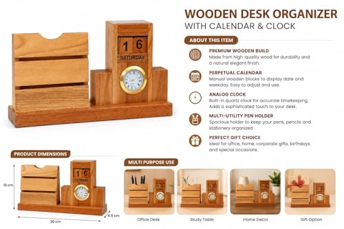 Image of Wooden Desk Organizer with Perpetual Calendar & Analog Clock | Multi-Utility Pen Holder | 20x10x6.5 cm | Natural Wood Finish | Office, Study & Home Decor | Corporate Gift