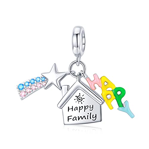 BISAER Happy Family Charm Bead fits Pandora Bracelets for Woman 925 Sterling Silver Dangle Pendant Necklace Bead,Family Jewelry for Women