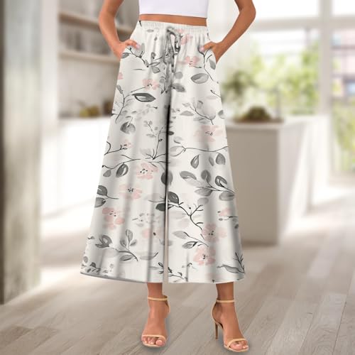 Wide Leg Pants for Women Loose Drawstring Design High Waist Causal Summer Graphic Floral Trousers with Pockets2