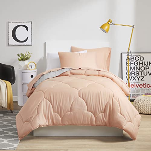 Image of Comfort Spaces Vince Reversible Bed In A Bag - Trendy Casual Geometric Quilted Cover, All Season Down Alternative Cozy Bedding, Matching Sham, Twin XL, Reversible Coral /Gray 6 piece