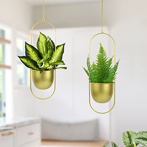 Hemepaha Metal Hanging Planters, Set Of 2 Gold Oval Geometric Plant Hanger With Pot, Modern Wall And Ceiling Planter For Indoor Outdoor Plants Home Décor(Gold, 6Inch Pot, 2Pack) #TOP4