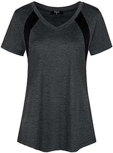 Zugeet Yoga Tops for Women Short Sleeve Workout Shirts Mesh Athletic Tshirts V-Neck Moisture Wicking Activewear, Grey Black XXL