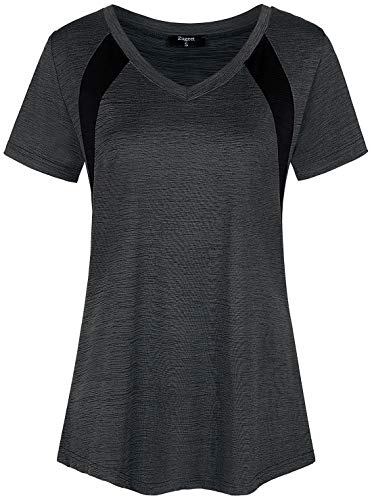 Zugeet Yoga Tops For Women Short Sleeve Workout Shirts Mesh Athletic Tshirts V-Neck Moisture Wicking Activewear, Grey Black Xxl #TOP11