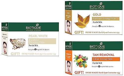 Image of Biotique Bio Pearl White Facial Kit, 65g And Biotique Bio Gold Radiance Facial Kit, 65 g And Biotique Bio Anti Tan Facial Kit (Free with Swiss Magic Dark Spot Corrector)