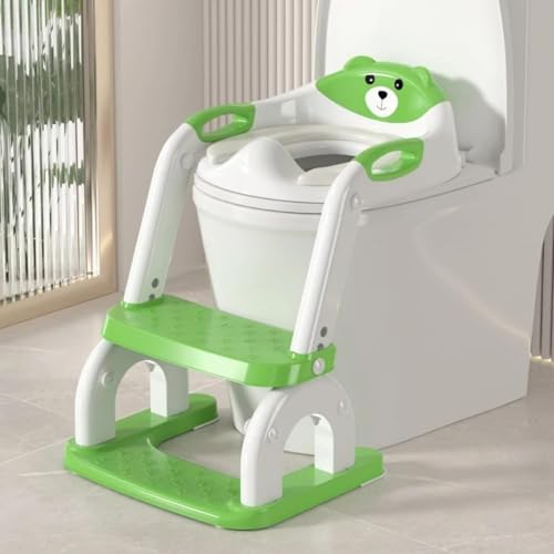 Kwueiit 階段を訓練する、子供補助便座、グレードアップした円形アーチ型はしご、8段高さ調整、折りたたみ式設計、快適で安全な幼児、トイレペダル (グリーン)