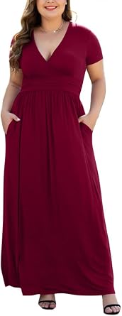 Womens L-5XL Short Sleeve V-Neck Plus Size Maxi Dresses with Pockets