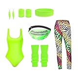 80er Jahre Fitness Kostüm Set - Joggingleggings für Erwachsene, bunte Beinstulpen, Armband, Retro-Ohrringe, Neon Bauchtasche, Aerobic-Partyoutfit, V-Tanzkleidung
