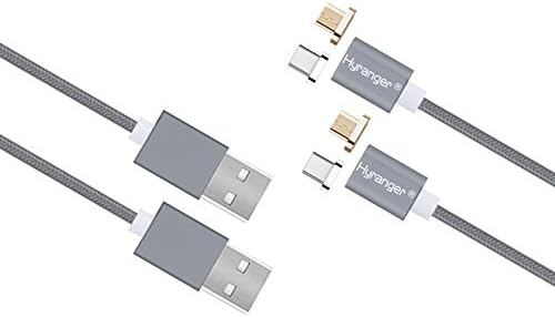 hyranger 2Packs[5th gen] Super Magnetic Charger Type-C and Micro USB connectors 2in1 Reversible Charging Cable 3Ft/1m Nylon Braided Data Sync Cord USB-C+Micro USB Interface for Android(Gray)
