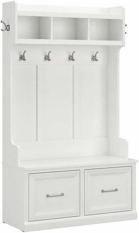 Bush Furniture Woodland 40W Hall Tree and Shoe Storage Bench with Doors in White Ash | Foyer, Mudroom, Entryway Organizer
