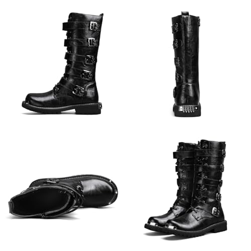 Men'S Black Leather Motorcycle Boots With Single Zip & 5-Buckle System Steel Toe Cap & Anti-Slip Rubber Sole Thickened Traction Outsole For Highway Riding Punk Style Ankle Support2