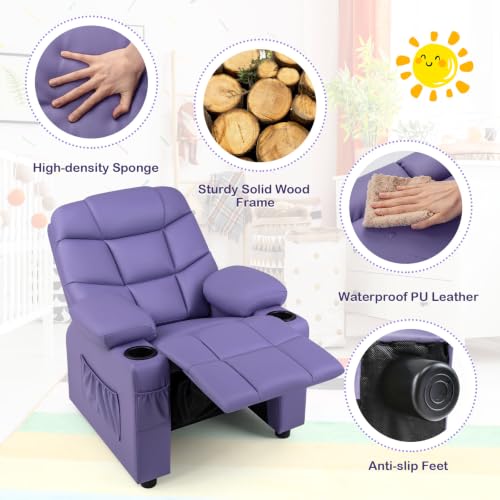 Image of Kids Recliner, PU Leather Kids Recliner Chair w / 2 Cup Holders