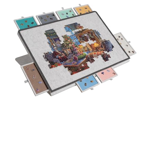 Sancallie Planche à puzzle inclinable avec support et couvercle conçus 2 en 1, mallette de rangement légère en feutre avec 8 tiroirs, planche à puzzle portable pour jeux jusqu'à 1500 pièces
