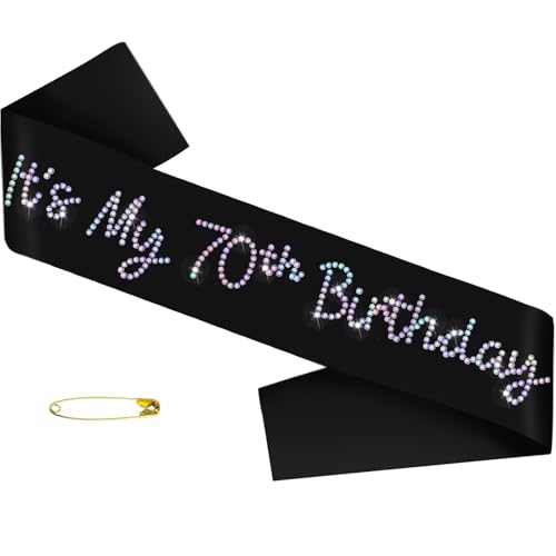 It's My 70th Birthday Sash, Black Satin Birthday Sash with Glitter Rhinestones Decorations for Women, 70th Bday Sashes, Ideal Seventy Gifts, Happy 70 Bday Party Decorations