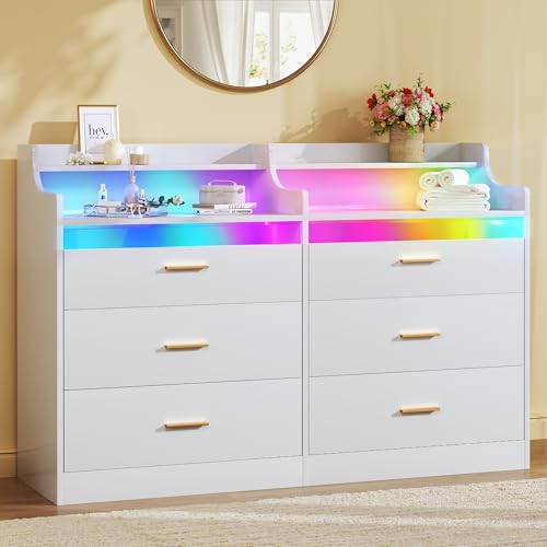 Image of HUAHUU 6 Drawer Dresser for Bedroom, White Modern Dresser with LED Light, 49''W Wood Chest of Drawers with Open Shelf Storage, Double Wide Dresser Organizer for Bedroom, Entryway, Hallway